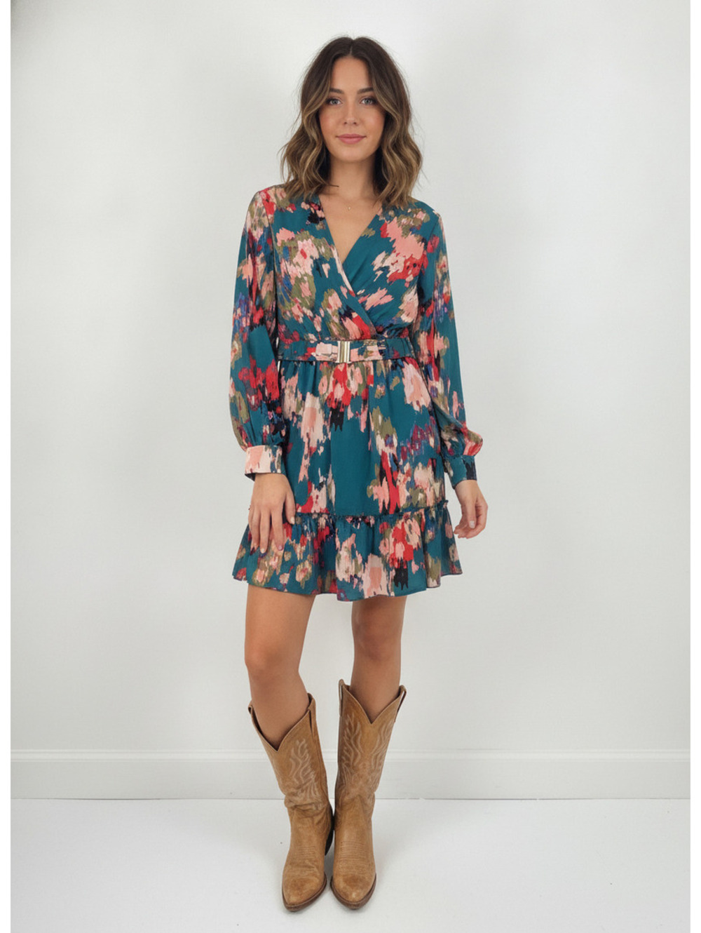 1571 - Vogue Vibes Floral Print Belted Mini Dress - Small